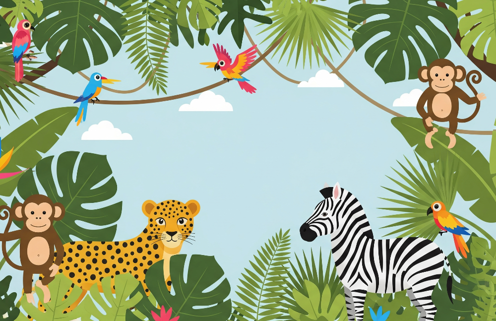 Kids-Mundo flat illustration of parrots, monkeys, a leopard and zebra in a jungle frame