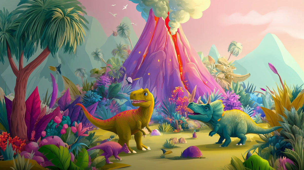 Colourful Cartoon Dinosaurs and Volcano Wall Mural
