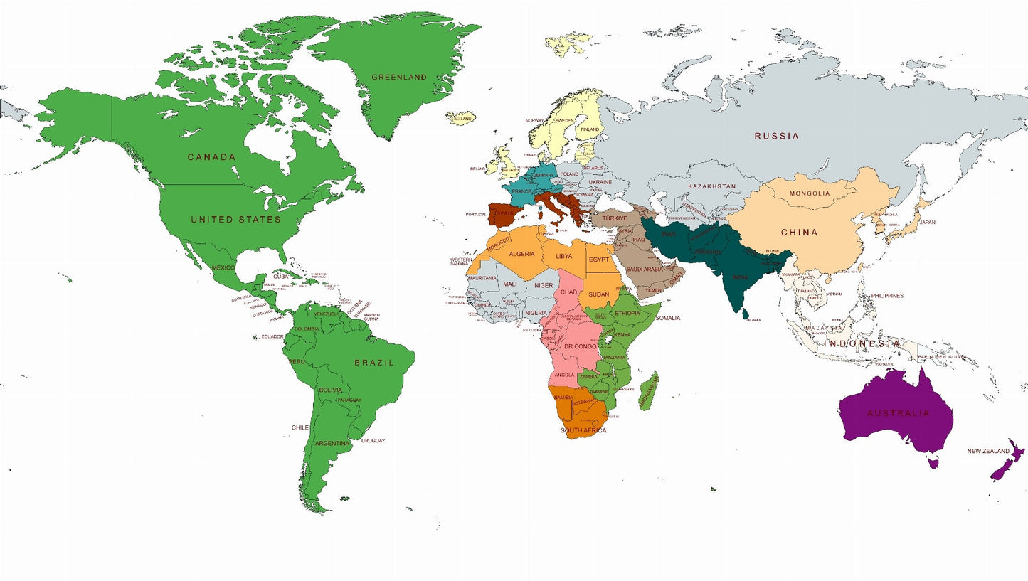 Kids-Mundo flat artwork of a colourful political world map with labelled countries
