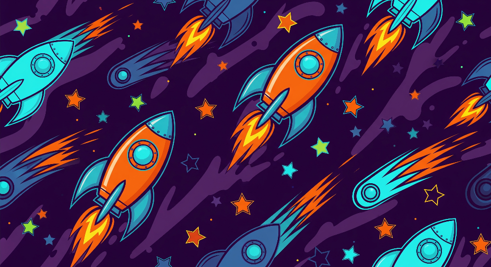 Kids-Mundo flat artwork of orange and teal rockets racing past comets on a deep purple night sky