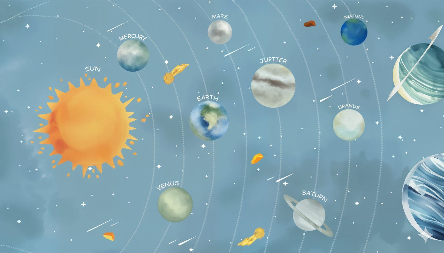 Kids-Mundo flat artwork of the sun and eight labelled planets orbiting on a soft blue sky