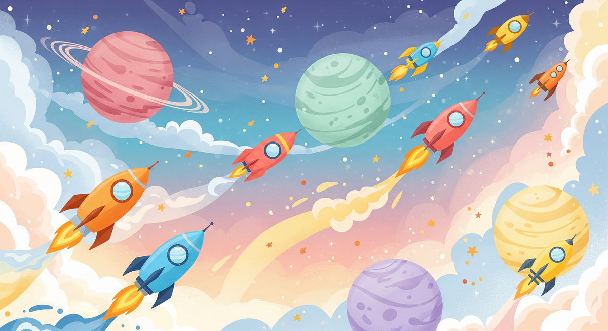 Colourful Rockets and Planets Space Wall Mural