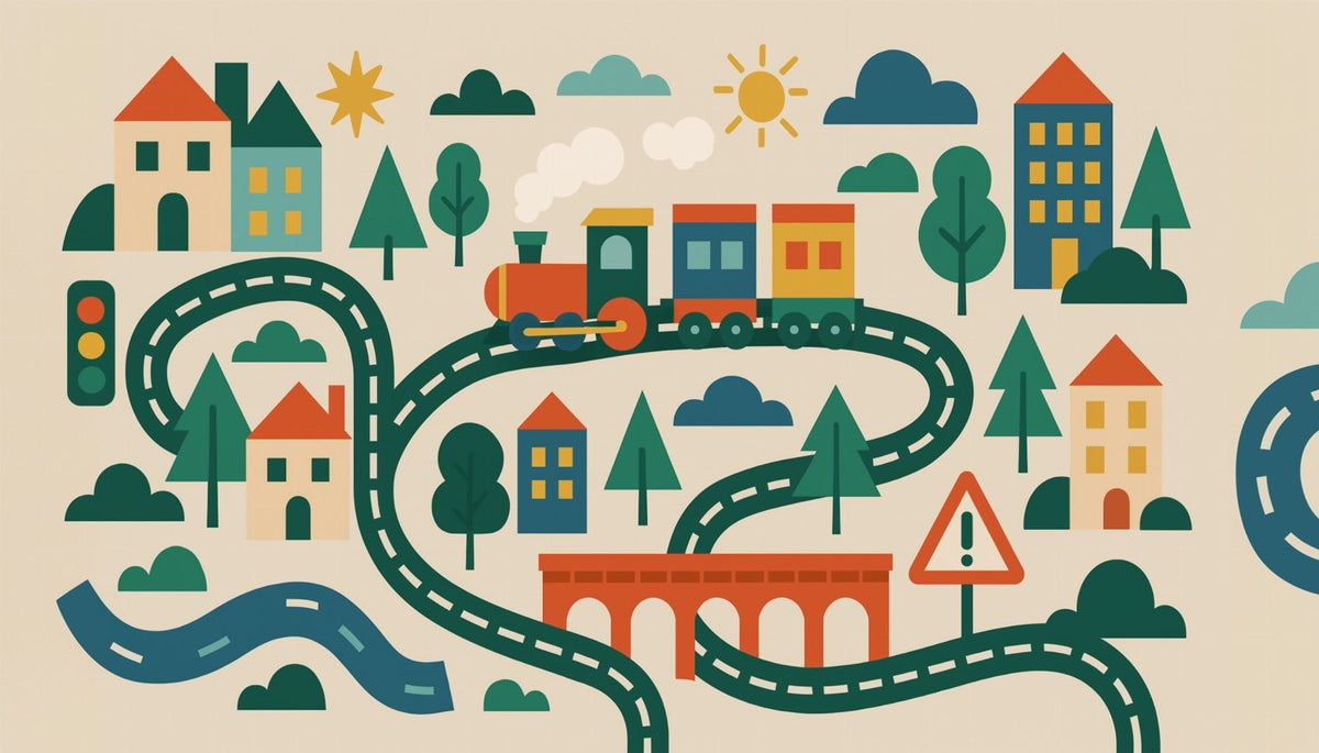 Colourful Storybook Town and Train Wall Mural