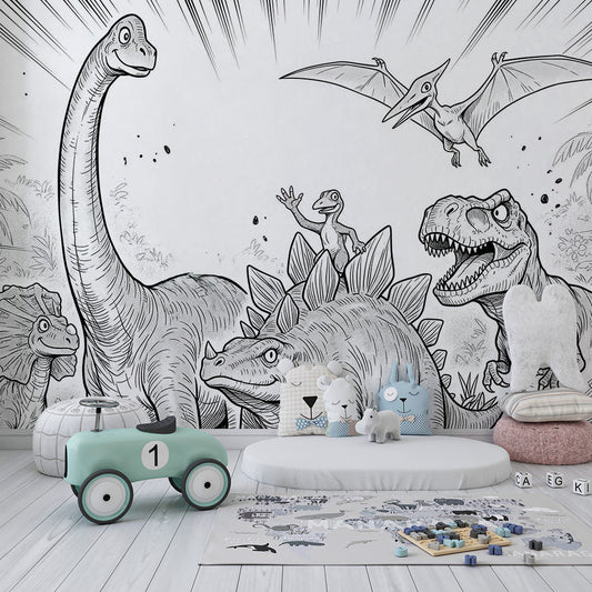 Kids-Mundo black-and-white dinosaur wall mural behind a bed in an older child's bedroom