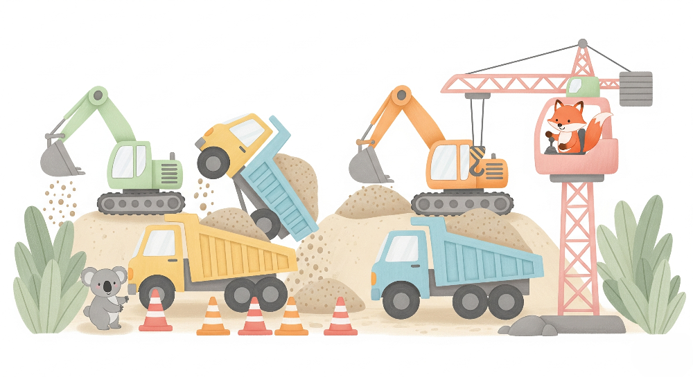 Construction Site Diggers and Trucks Wall Mural