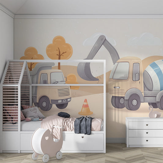 Kids-Mundo construction truck wall mural on a kids bedroom wall, featuring a digger, dump truck and mixer.