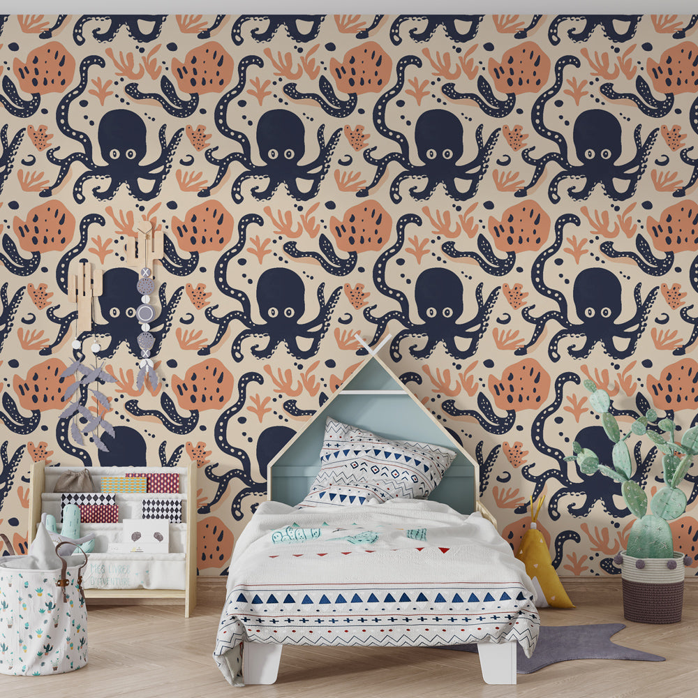 Coral reef octopus wallpaper transforming children's bedroom into marine adventure by Kids-Mundo
