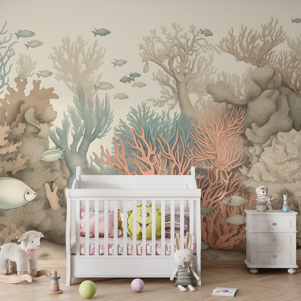 Ocean coral reef wallpaper with pastel fish transforming children's bedroom into underwater world