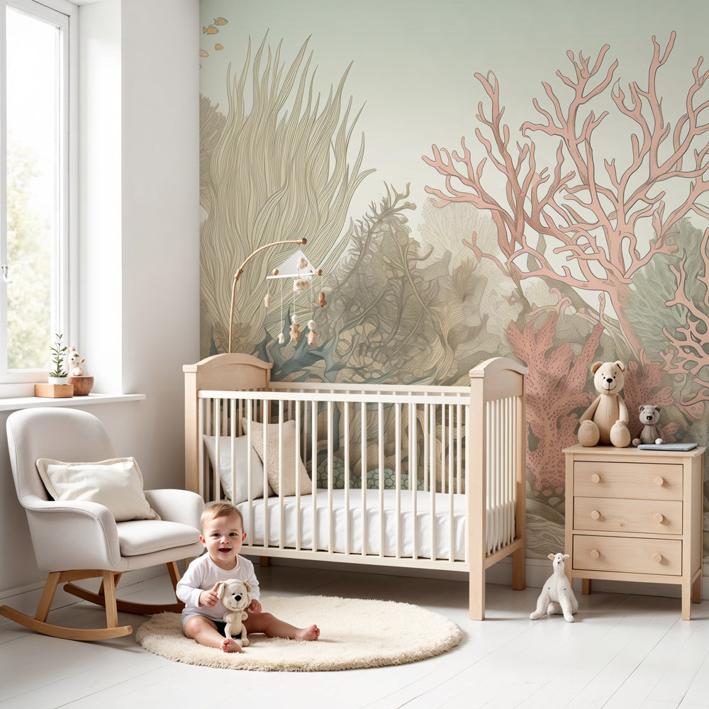 Vintage coral reef mural wallpaper in soft pastels creating calming underwater nursery by Kids-Mundo