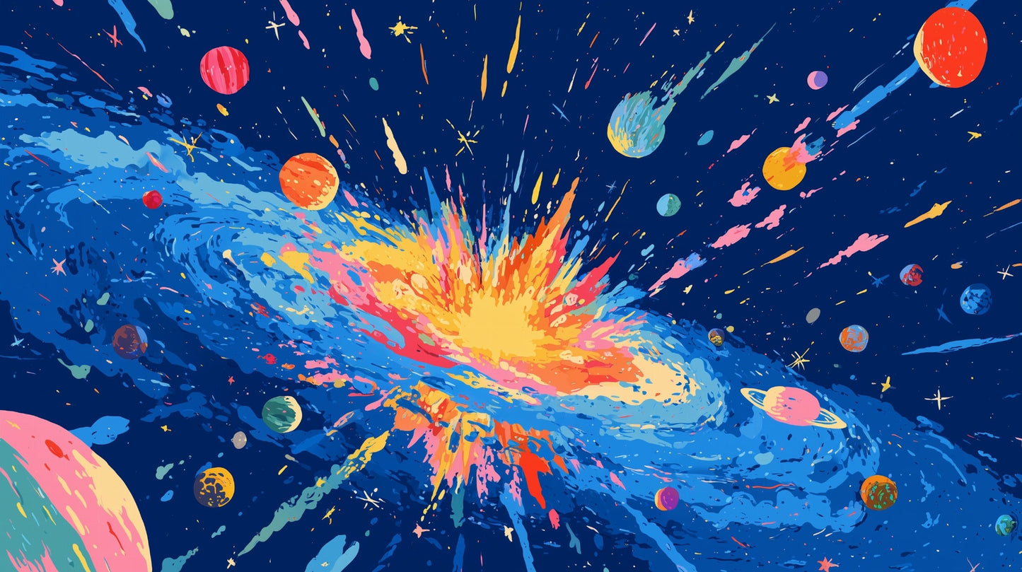 Kids-Mundo flat artwork of a bold cosmic explosion in red, orange and blue with paint-splatter planets.