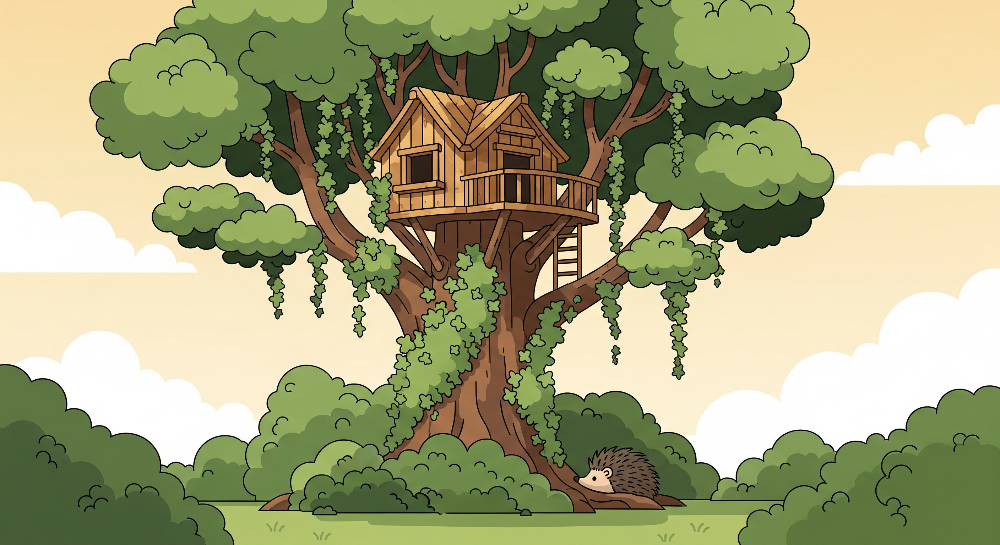 Kids-Mundo treehouse wall mural artwork showing a wooden treehouse, ladder and hedgehog