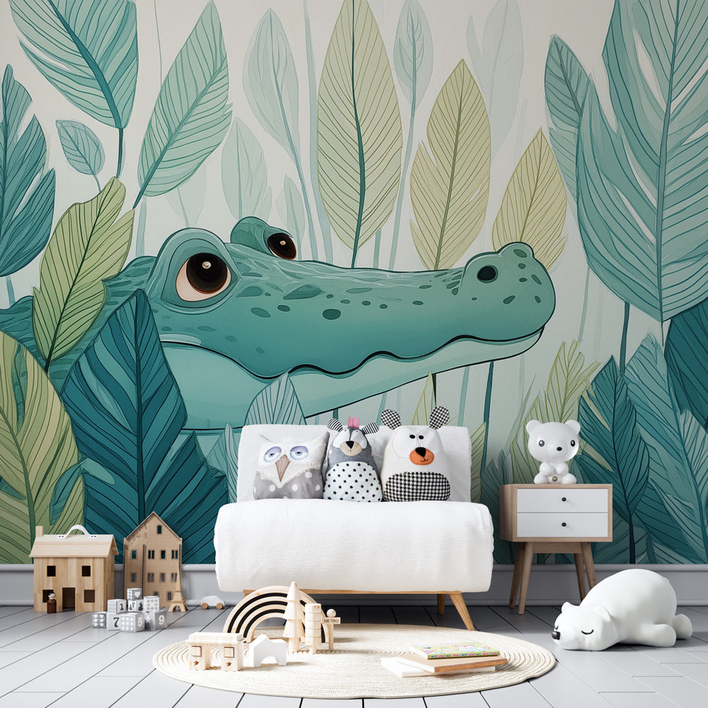 Green crocodile wallpaper with lush foliage decorating children's bedroom wall perfectly