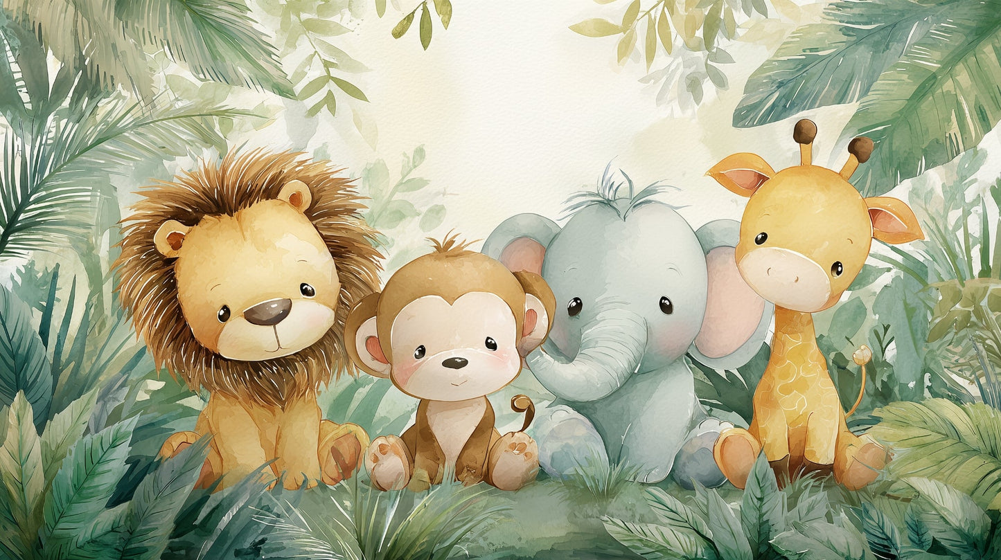 Kids-Mundo flat artwork of a watercolour lion, monkey, elephant and giraffe huddled together.