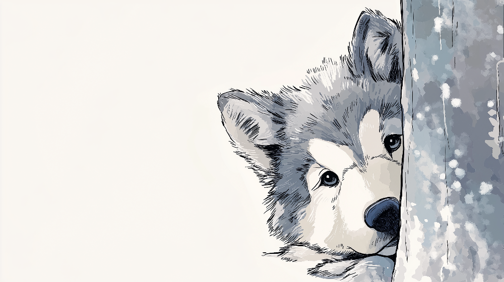 Kids-Mundo flat artwork of a curious wolf pup peeking through the snow illustration
