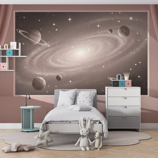 Kids-Mundo spiral galaxy window mural as a feature wall in a children's bedroom