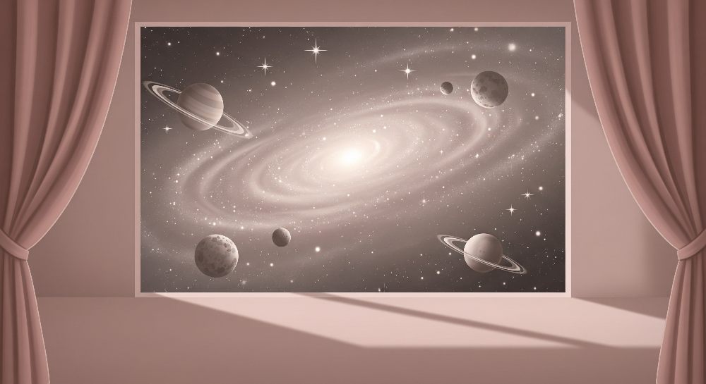 Kids-Mundo flat artwork of a spiral galaxy with ringed planets framed by soft grey curtains