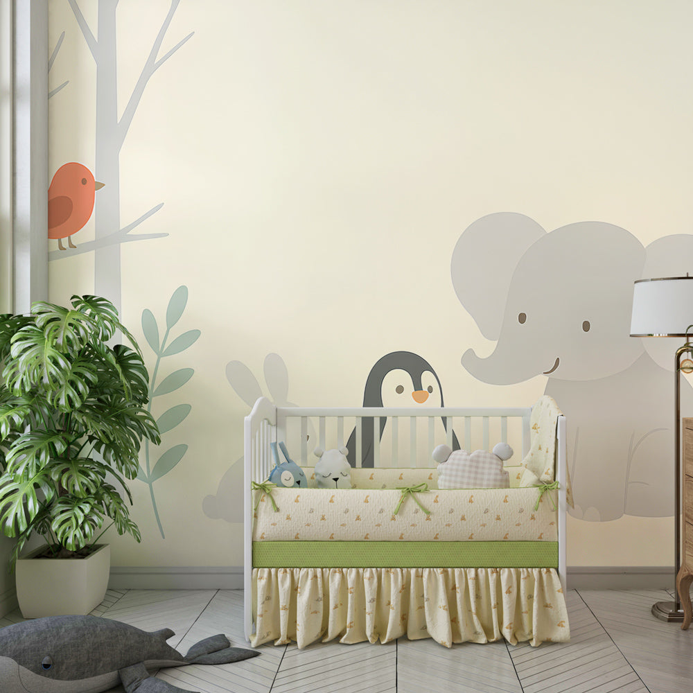Nature safari animals wallpaper creating peaceful children's bedroom atmosphere with soft tones