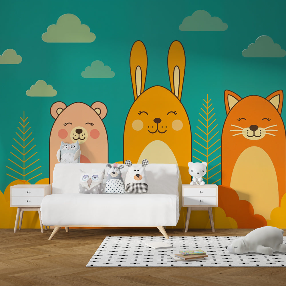 Colorful happy animals wallpaper creating joyful atmosphere in children's bedroom decor