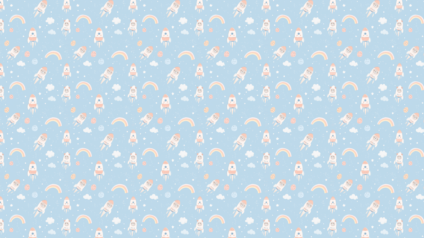 Flat artwork of the Kids-Mundo cute astronauts and rainbows repeating pattern on soft blue