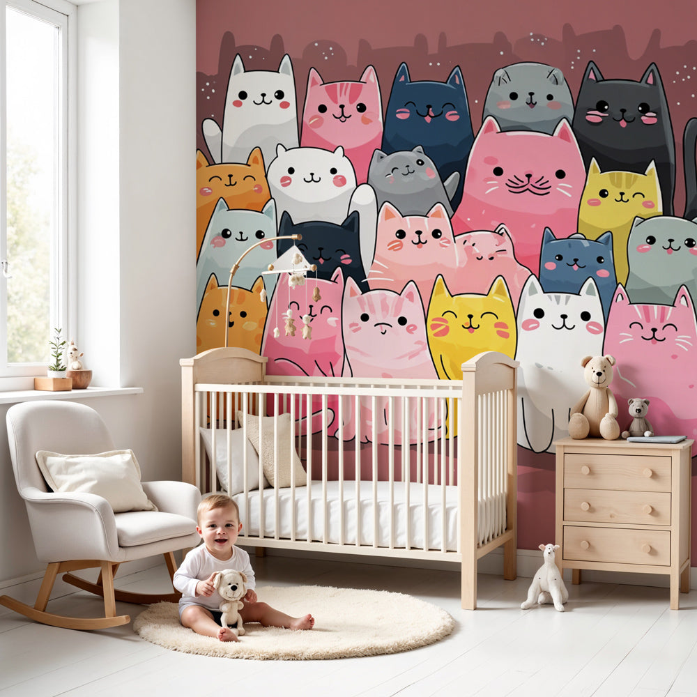 Cute cats mural wallpaper creating playful nursery decor with colorful feline characters by Kids-Mundo