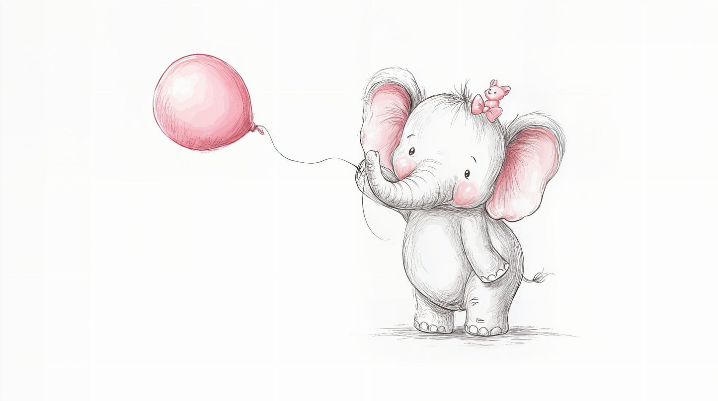 Detailed cute elephant mural wallpaper design pattern with pink balloon by Kids-Mundo