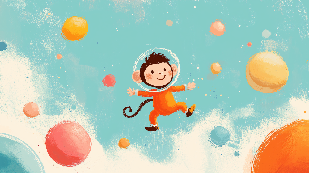 Monkey Astronaut Floating in Colourful Space Wall Mural