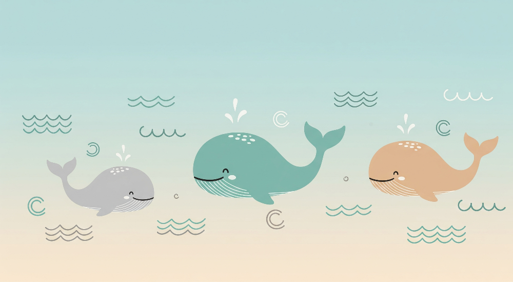Kids-Mundo whale artwork showing three cute cartoon whales swimming among soft pastel waves.