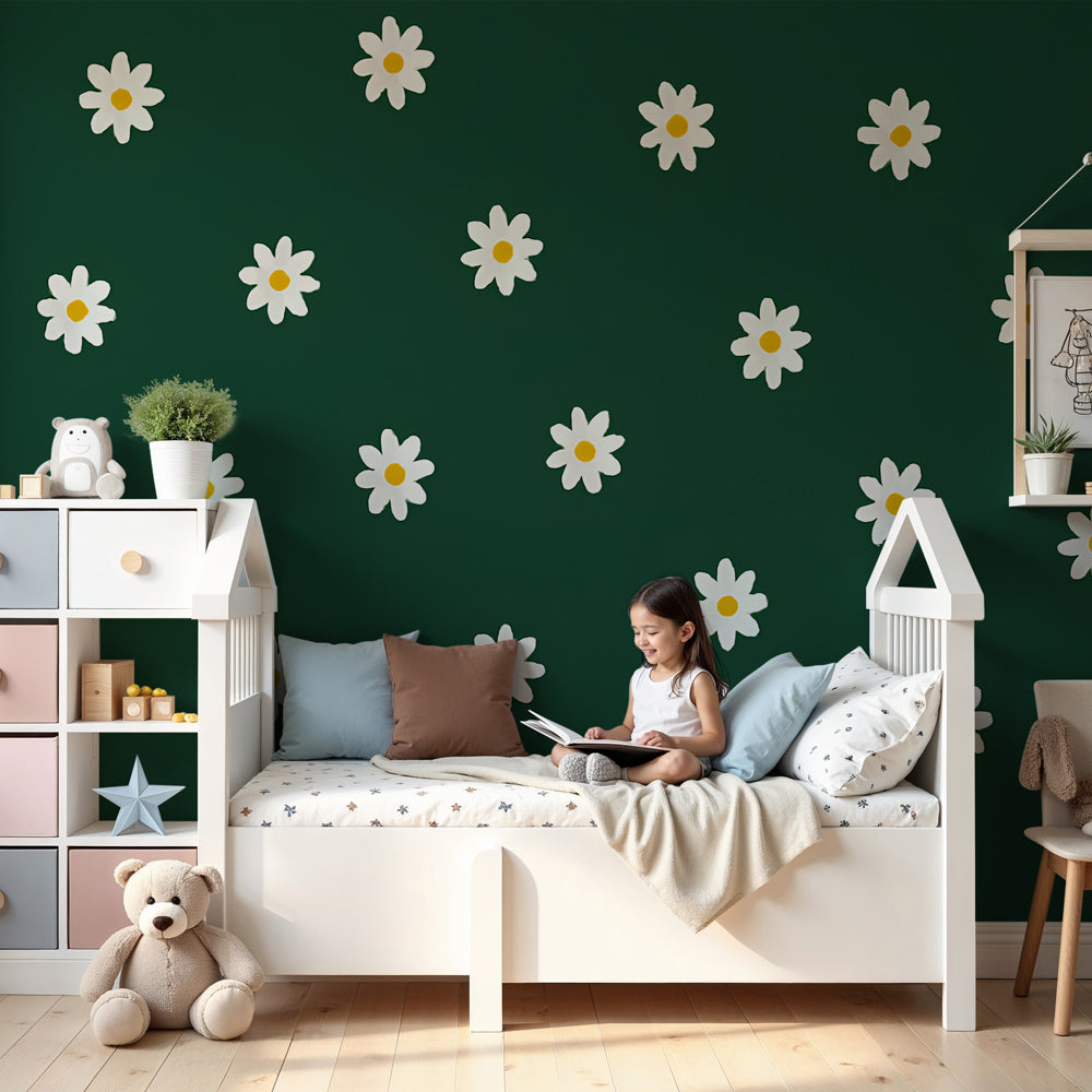 White daisy flower mural wallpaper creating serene nursery decor with green botanical background by Kids-Mundo