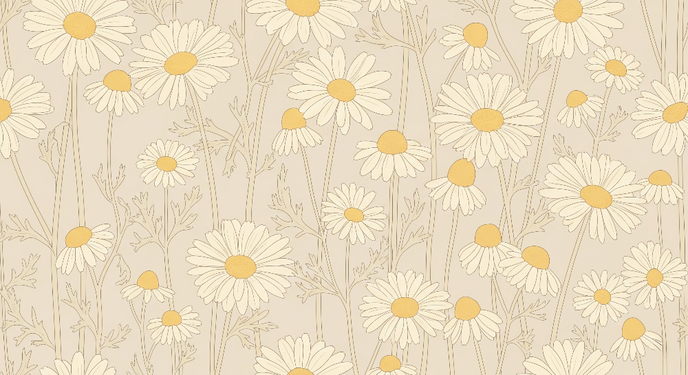 Kids-Mundo daisy meadow pattern with golden centres on a warm beige background