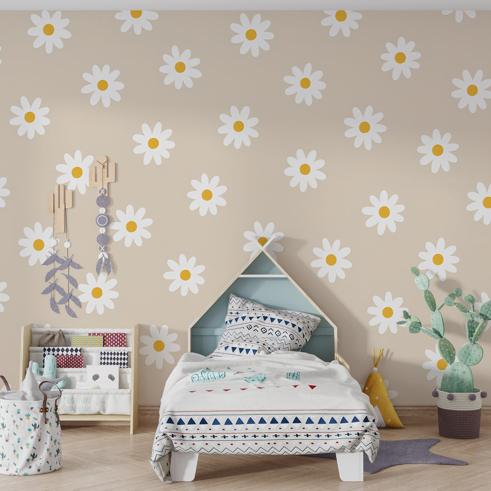 Floral mural wallpaper with daisies transforming children's bedroom into garden sanctuary