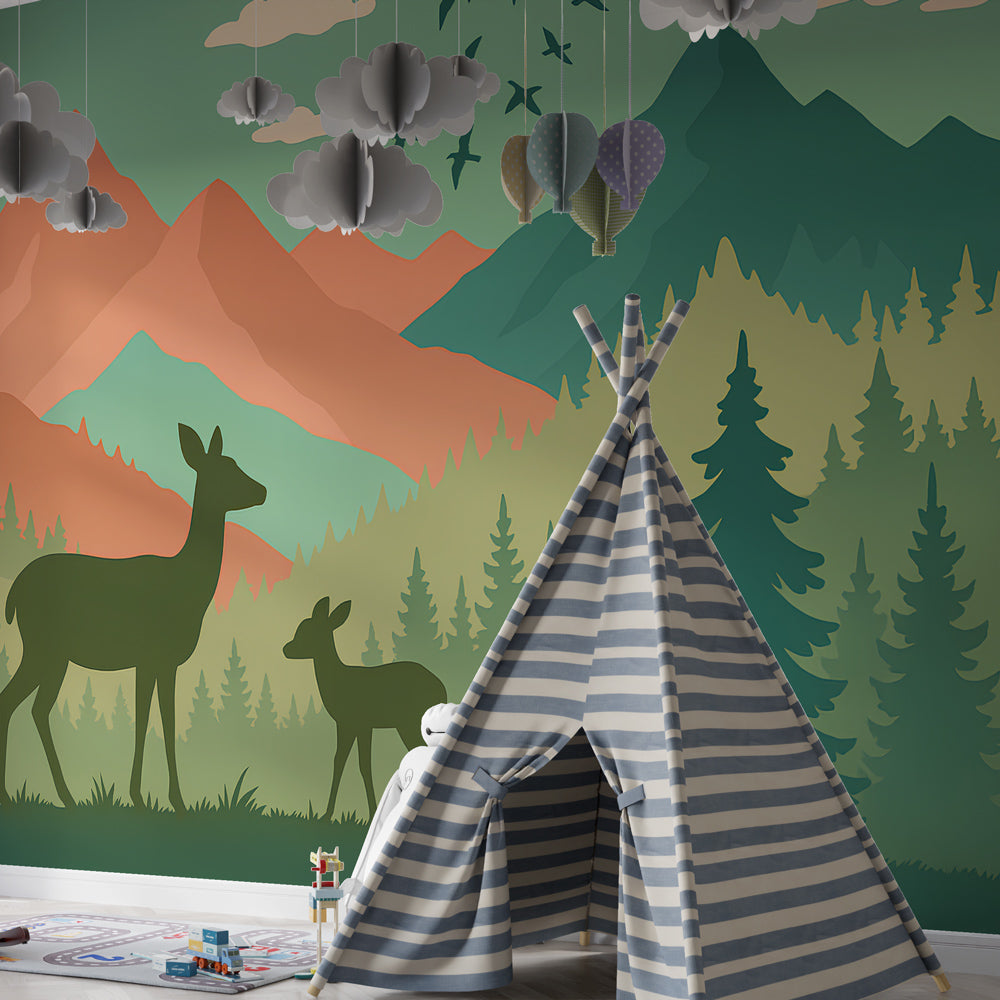 Woodland deer and fawn mural wallpaper creating calming atmosphere in children's bedroom