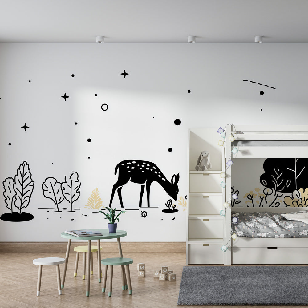 Serene deer nature wallpaper creating peaceful atmosphere in children's bedroom decor