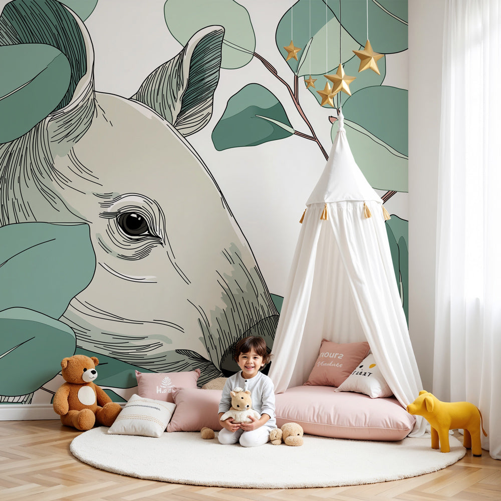 Deer forest mural wallpaper in modern nursery with natural wood crib by Kids-Mundo