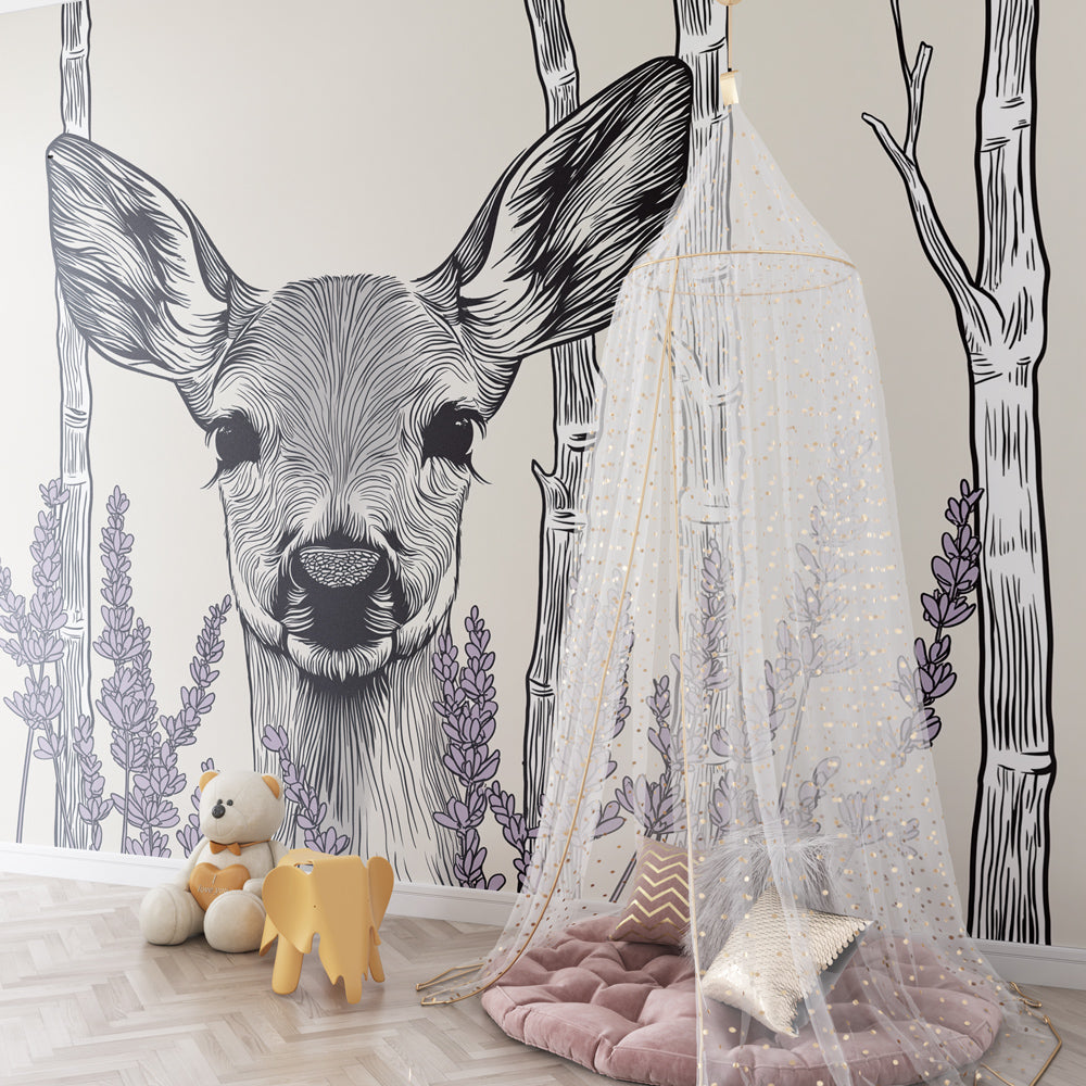 Forest deer wallpaper in kids bedroom with neutral tones and calming lavender design by Kids-Mundo