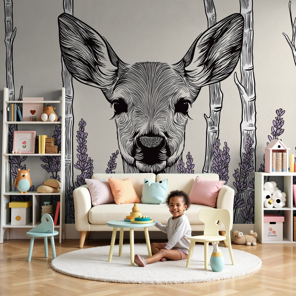 Deer lavender mural wallpaper creating peaceful nursery atmosphere with natural woodland theme by Kids-Mundo