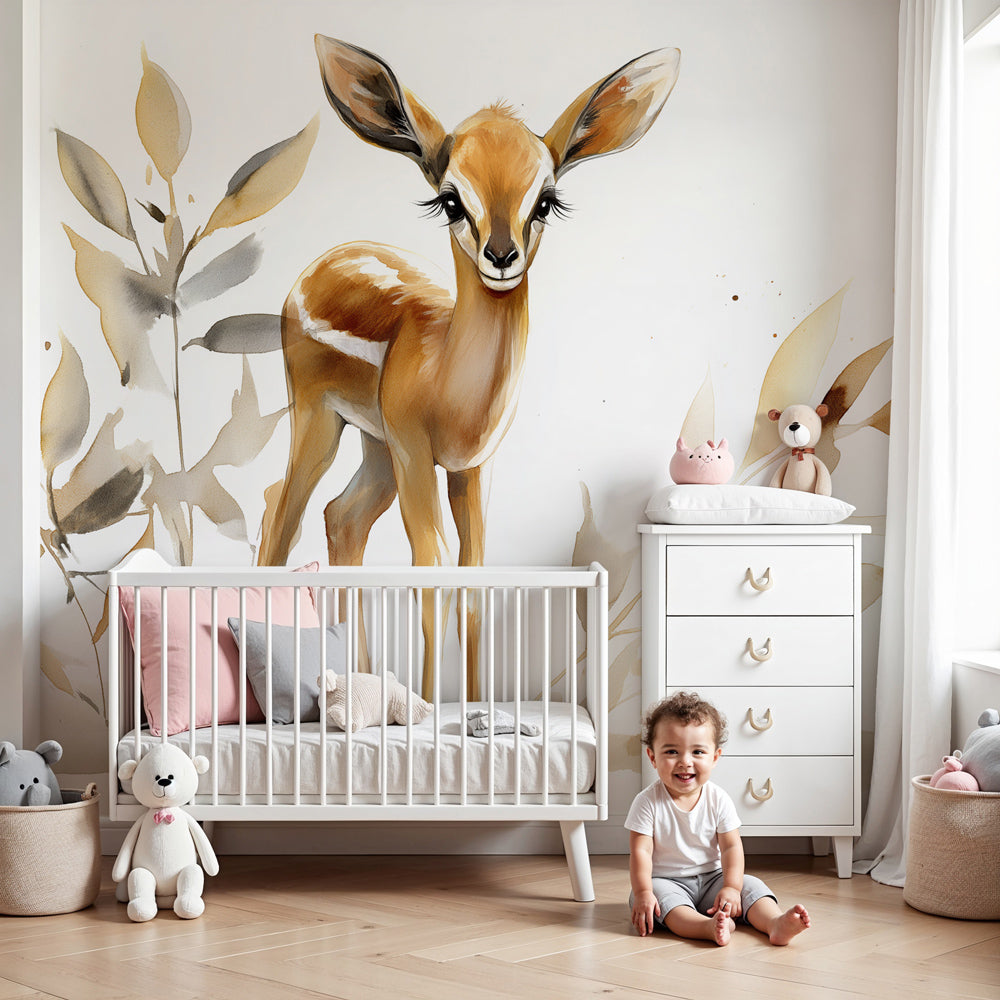 Sweet fawn deer mural wallpaper in modern nursery with natural wood furniture by Kids-Mundo
