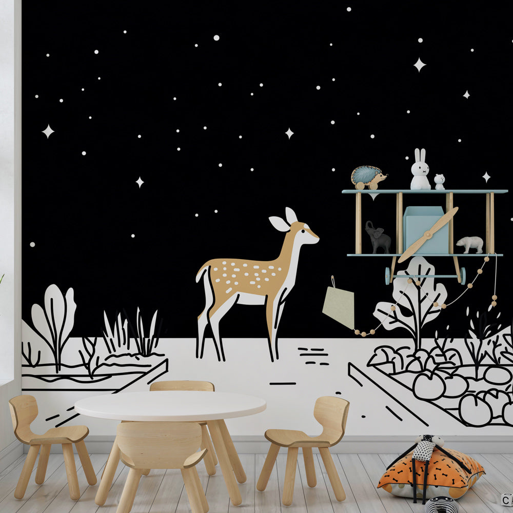 Night forest deer wallpaper with twinkling stars in cozy children's bedroom setting