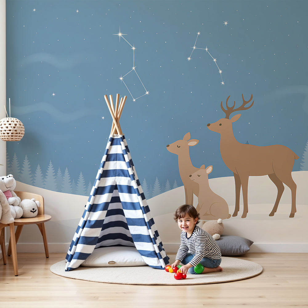 Deer stars mural wallpaper creating magical winter atmosphere in modern nursery by Kids-Mundo