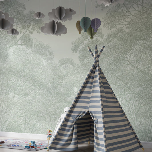 Kids-Mundo woodland canopy mural covering a feature wall in a child's bedroom