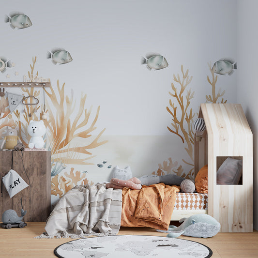 Kids-Mundo pastel coral reef wall mural behind a cot in a light kids bedroom
