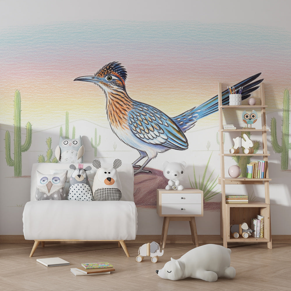 Colorful desert bird wallpaper transforming children's bedroom with cacti and gradient sky design