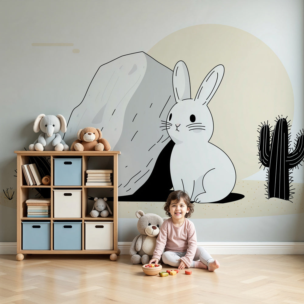 Desert bunny mural wallpaper creating cozy nursery atmosphere with natural wood crib by Kids-Mundo
