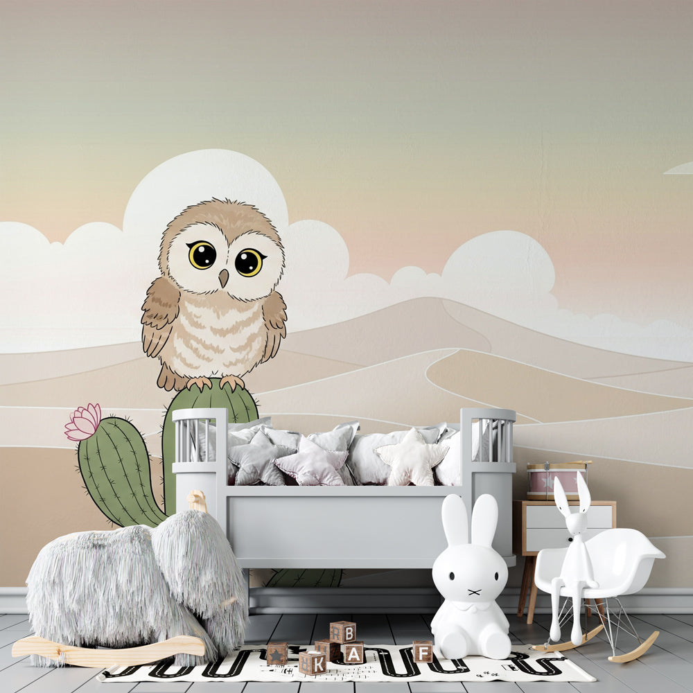 Cute owl cactus wallpaper transforming baby bedroom into peaceful desert oasis by Kids-Mundo