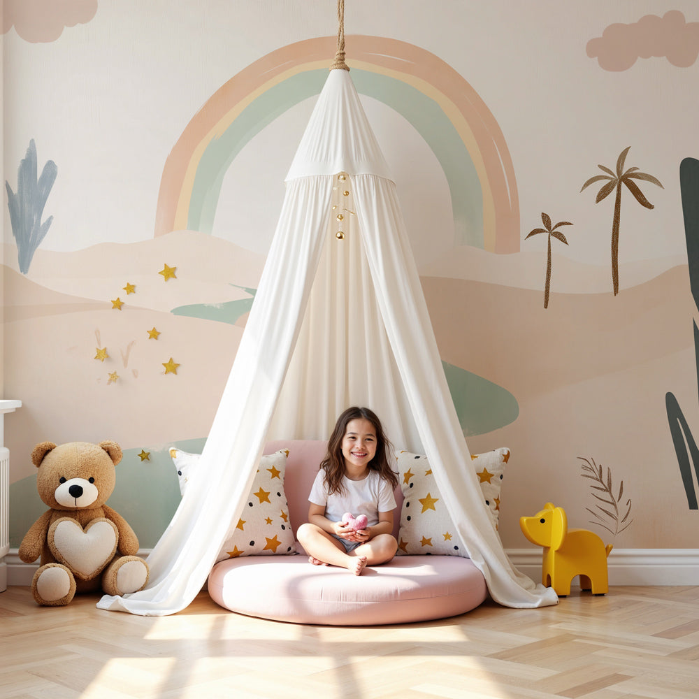 Desert rainbow mural wallpaper creating serene nursery decor with pastel landscape by Kids-Mundo
