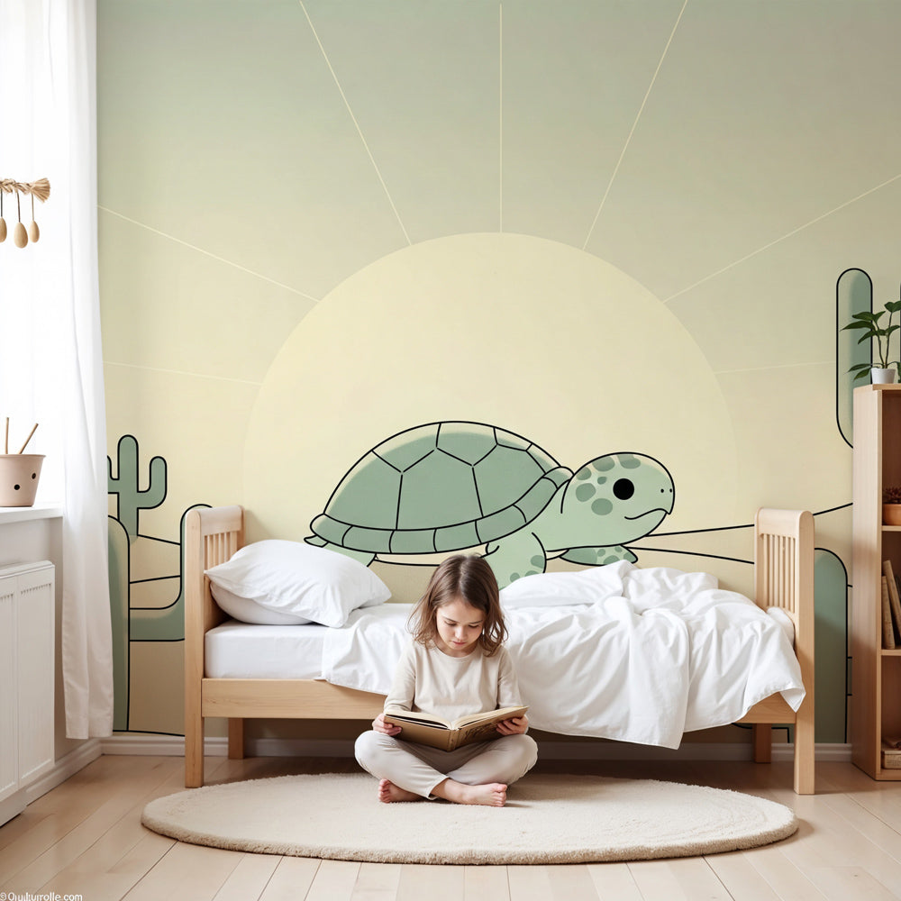 Desert turtle mural wallpaper in modern nursery with natural wood furniture by Kids-Mundo