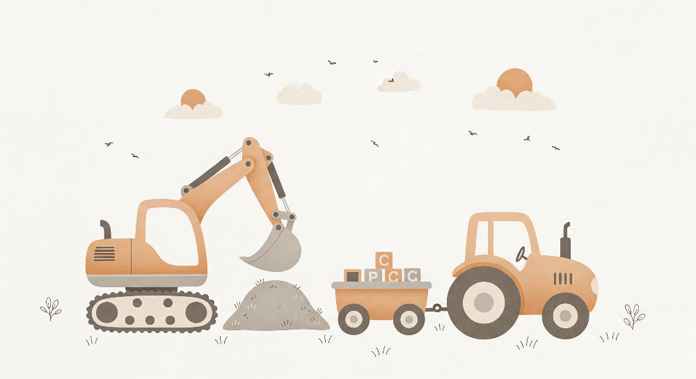 Kids-Mundo flat artwork preview of the construction vehicles wall mural featuring alphabet blocks.