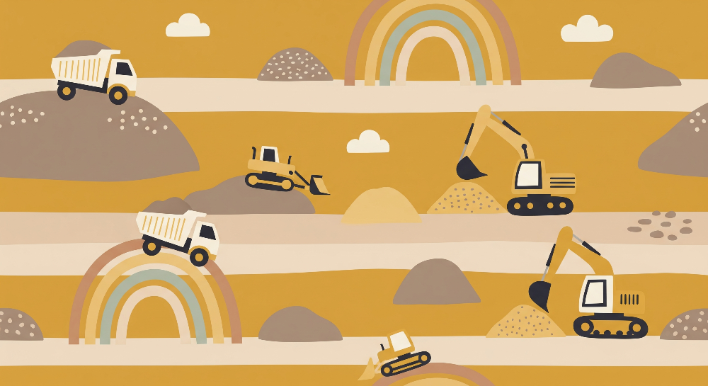 Kids-Mundo flat artwork of diggers, dump trucks and pastel rainbows on a mustard-yellow background