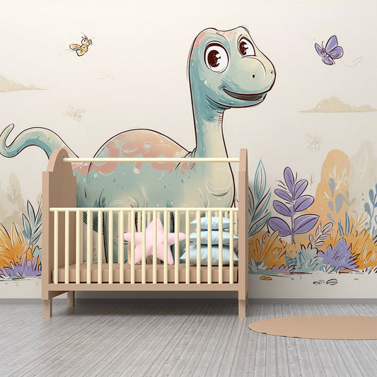 Kids-Mundo dinosaur and butterfly wall mural covering a kids' bedroom wall above a single bed.