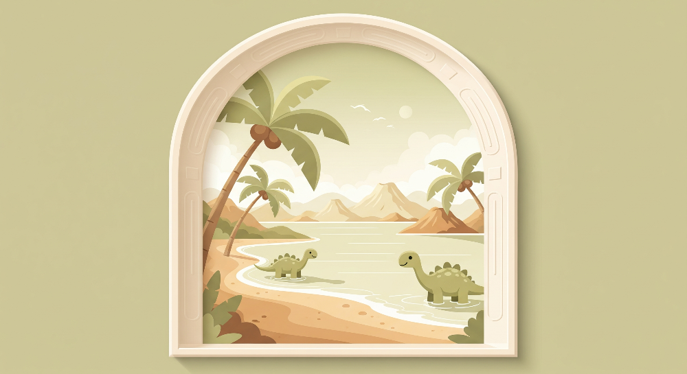 Kids-Mundo flat artwork of two dinosaurs wading on a beach seen through an arched window