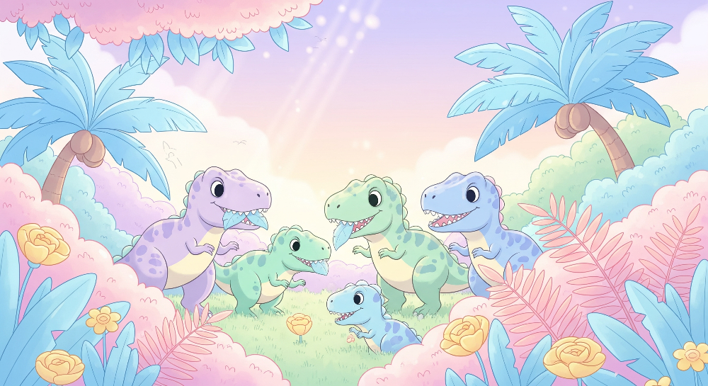 Happy Dinosaur Family in a Candy-Coloured Jungle Wall Mural